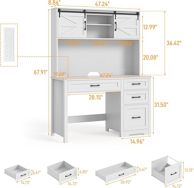 Farmhouse 67" H Executive Desk with Hutch,Computer Desk with Charging Station,Office Table with LED light and 4 Drawers,File Drawers and Storage Cabinet,Workstation for Home Office.Cream White