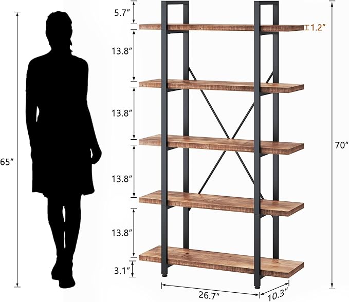 HSH 5 Tier Solid Wood Bookshelf, Natural Real Wood Bookcase, Industrial Rustic Vintage Etagere Bookshelf, Open Metal Farmhouse Solid Wooden Book Shelf, Distressed Brown