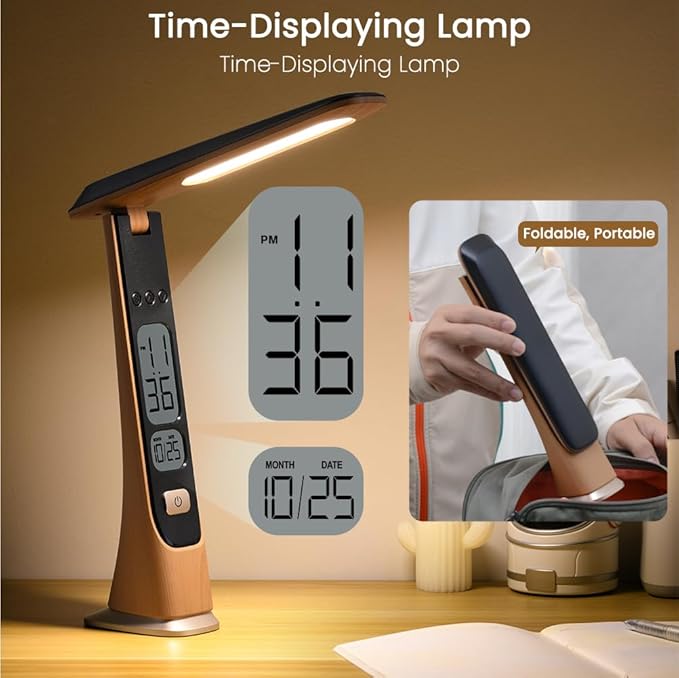 Rechargeable Cordless LED Desk lamp, dimmable Table lamp with Battery,Digital Clock,LCD,Date,Stepless Brightness Foldable Portable Lights for Home,Reading,Office (Brown)