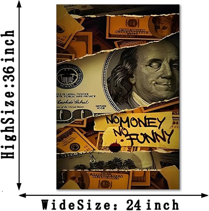 Modern Home Decor Money Canvas Paintings Franklin Dollar Bill Wall Art Inspirational Funny Humor Artwork No Money No Funny Wall Picture Framed Easy to Hang-24x36 inch