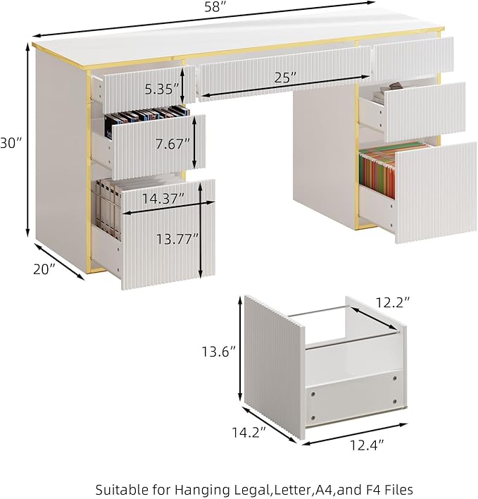 White Computer Desk with Drawers, 58 Inch Home Office Desk with 7 Drawers for Bedroom, Executive Desk with File Drawers for Small Spaces, White and Gold