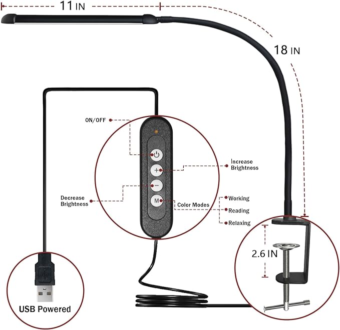 LED Desk Lamp with Clamp, Clamp Light with Adjustable Color Modes, Clip on Light with Long Flexible Gooseneck, Eye Care Lamp Clamp for Study, Work, Home, Office, Black, 12W