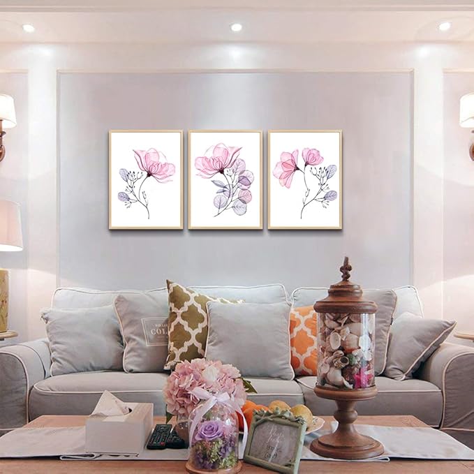 Framed Wall Art For Living Room Wall Decorations For Bedroom Room Wall Decor Pink Red Flowers Paintings Bathroom Wall Pictures Artwork Kitchen Home Decor Wall Mural 3 Piece Framed Art Prints