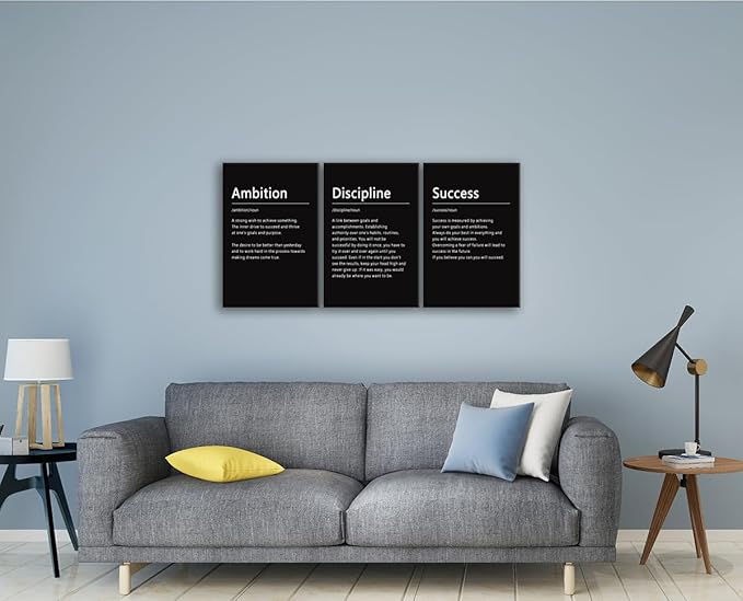 3 Pieces Office Decor Canvas Wall Art Inspirational Ambition Discipline Noun Picture Painting Motivational Positive Quotes Success Poster Modern Home Decor Bedroom Framed Ready to Hang[48" W X 24" H]