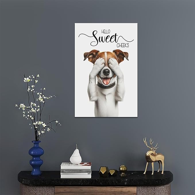 Bathroom Dog Wall Art Funny Dog Bathroom Pictures Wall Decor Hello Sweet Cheeks Toilet Bathroom Canvas Painting Home Modern Artwork Decorations Framed for Restroom 16 x 24 inch
