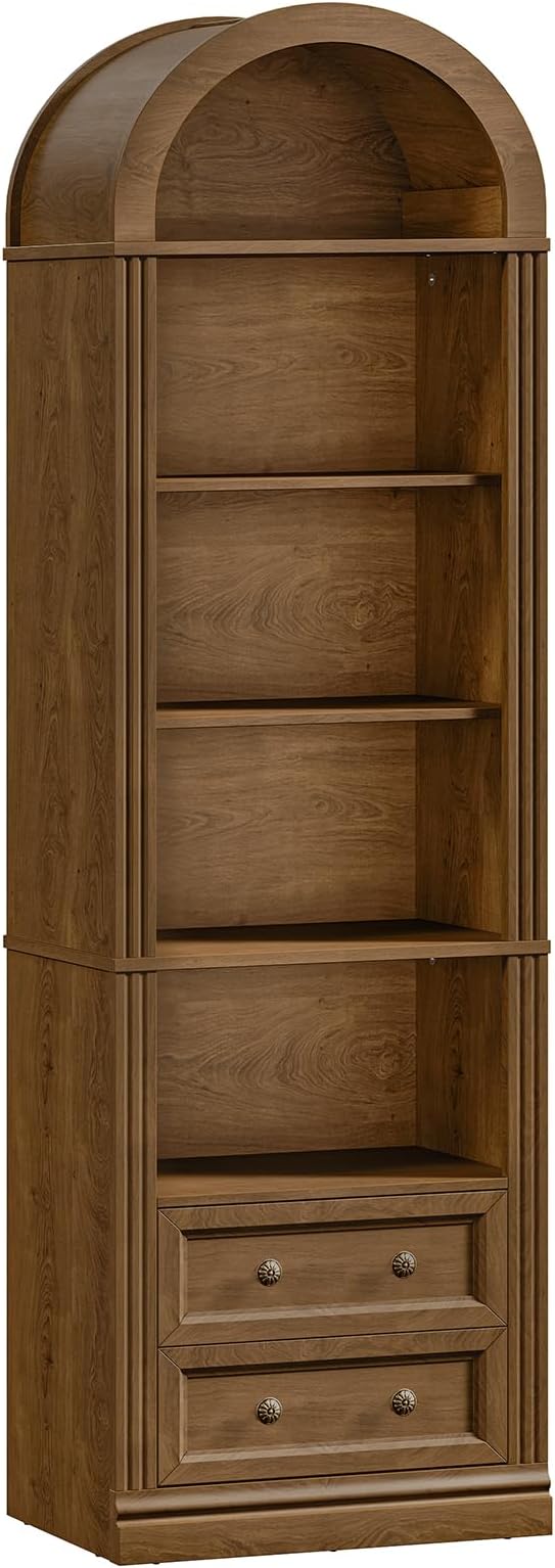 Tall Narrow Bookshelf Set of 2, Arched Bookshelf with 2 Drawers, 7-Tier Farmhouse Arch Bookcase, Wooden Book Shelf with Open Display Shelves for Office, Living Room, Kitchen, Walnut