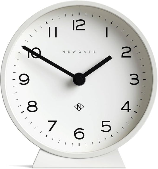 NEWGATE® M Mantel Echo Desk Clock | Modern Round Design | White | Easy to Read Numbers | Contemporary Style for Desk, Table, Shelf or Bedside