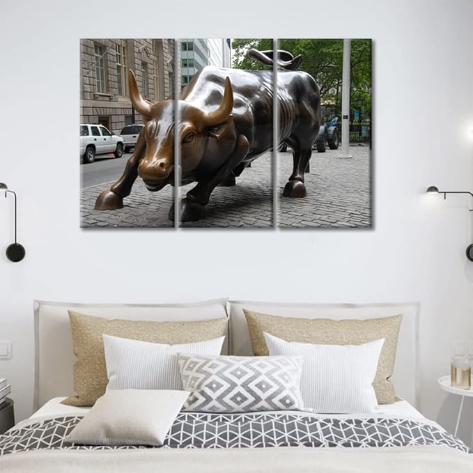TUMOVO Wall Street Bull Picture Photography Poster Wall Decor America Famous Attractions Print On Canvas for Home Bedroom Living Room Office Decor Stretched Framed Ready to Hang - 42" Wx28 H