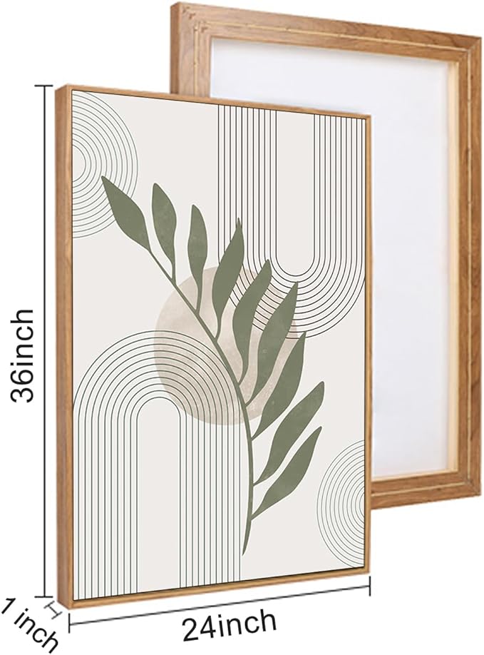 HPINUB Sage Green Boho Framed Canvas Wall Art Set, Minimalist Beige Green Botanical Wall Decor, Abstract Geometric Line Leaf Canvas Painting for Living Room, Dining Room, Office Decor-24 x36 x3