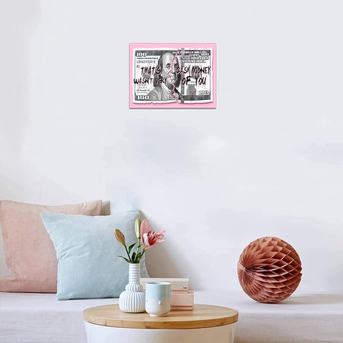 100 Dollars Bill Wall Art, Pink Money Canvas Print Office Wall Decor Modern Painting Entrepreneur Benjamin Franklin Inspirational Artwork for Living Room Bedroom Home, Ready to Hang 12" W X 16"H