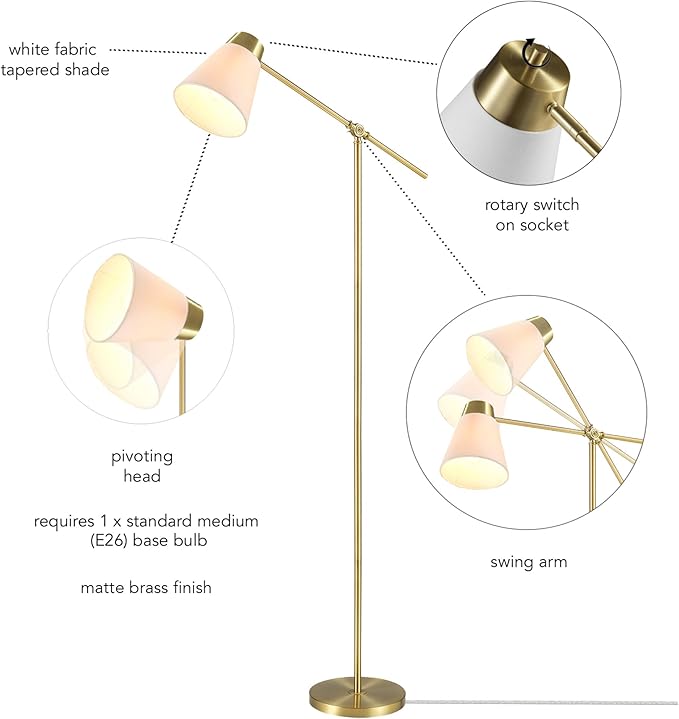 Globe Electric 69" Floor Lamp, Swing Arm, Matte Brass Plated, White Tapered Fabric Shade, On/Off Rotary Switch on Socket, 5-Foot Clear Cord, 1-Light, 40W E26/Medium Base Bulb