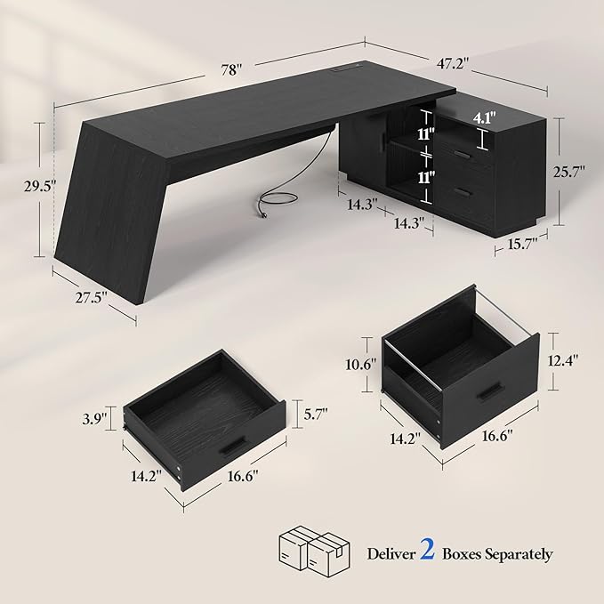 78 inch L Shaped Executive Desk with Power Outlets, Large Home Office Desk with Storage Drawers and File Cabinet, Modern Computer Desk with Shelves, Black Business Furniture