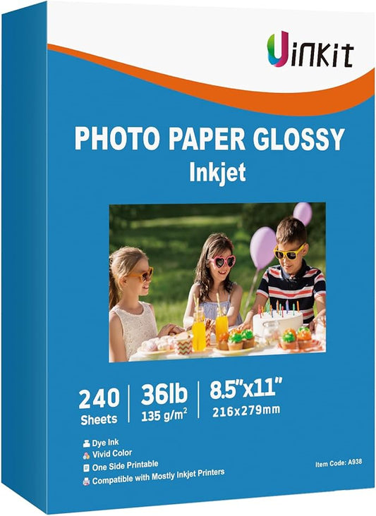 Uinkit 37lb Thin Flyer Paper Glossy 8.5x11 Inkjet 100 Sheets and 240 sheets Single Side DIY Chip Bag 135gsm Photos Picture for Inkjet Printer with Dye Ink Printer Letter size A4 Brochure (240)