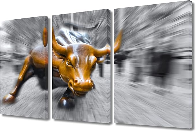 Black and White Copper Bull Photography Print, Wall Street Bull Canvas Artwork Stretched and Framed, Symbol of Strength and Courage Canvas Wall Art Ready to Hang - 36" Wx24 H