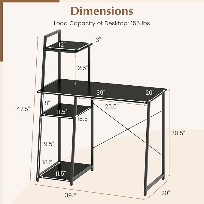 Giantex Computer Desk with Shelves, 47.5” Home Office Desk with Bookshelf, Host Stand, Metal Frame, PC Laptop Workstation, Modern Study Writing Desk for Bedroom, Small Space (Black)
