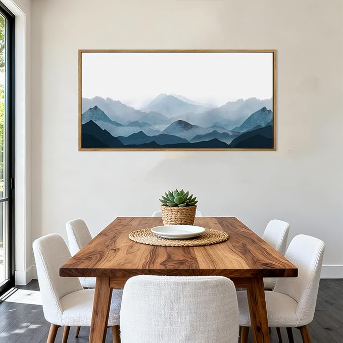 Blue Mountain Wall Art Fog Mountain Wall Decor Minimalist Mountain Artwork Blue Wall Art Decor 20x40 Inches Framed Mountains Art Minimalist Landscape Paintings Large Landscape Artwork for Bedroom Living Room Office Decor