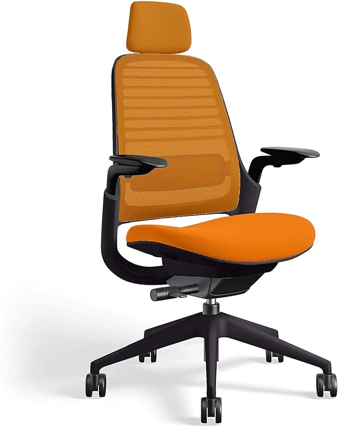 Steelcase Series 1 Office Chair with Headrest, Graphite Frame, Cogent Connect Tangerine, Hard Floor Casters