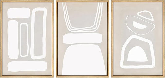 SIGNWIN Framed Canvas Print Wall Art Set Mid-Century Boho Geometric Polygons Abstract Shapes Cozy Neutral Decorative Contemporary Minimal for Living Room, Bedroom, Office - 24"x36"x3 Natural