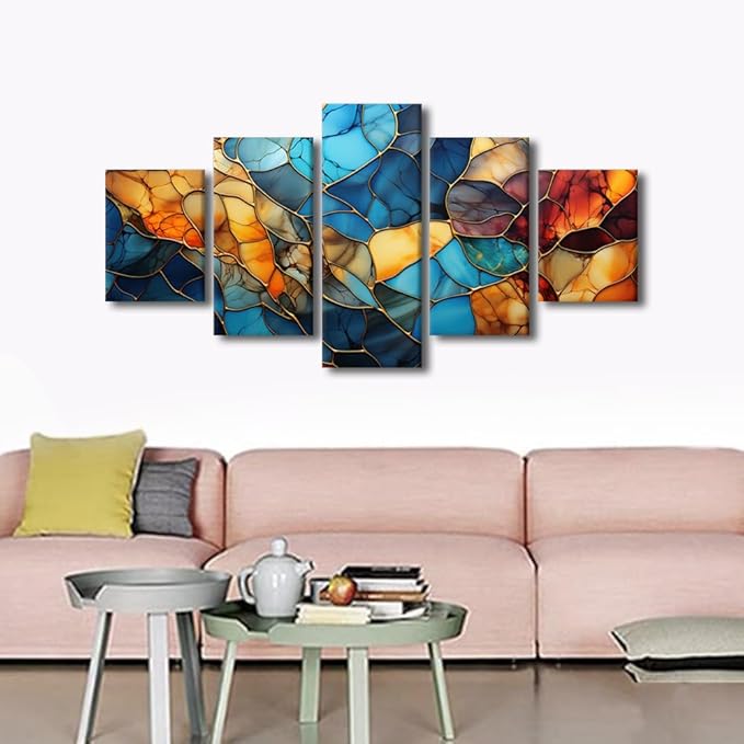 Canvas Wall Art Decor Modern Living Room Wall Art Abstract Autumn and Winter Painting Art 5 Panel Colorful Glass Poster for Men Lady Living Room Home Wall Decor Stretched Ready to Hang 60x32 in