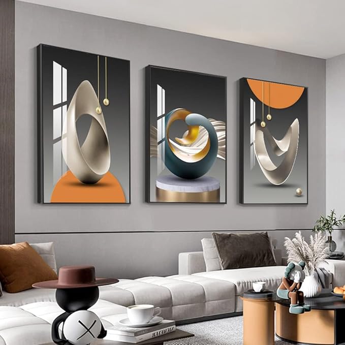 MPLONG Bright Style Large Framed Wall Art, Abstract Modern Art Shape Pattern White Blue Yellow Grey Wall Art Artfully Matching Living Room Bedroom Office Wall Decor - 24"x 32"x 3 Panels
