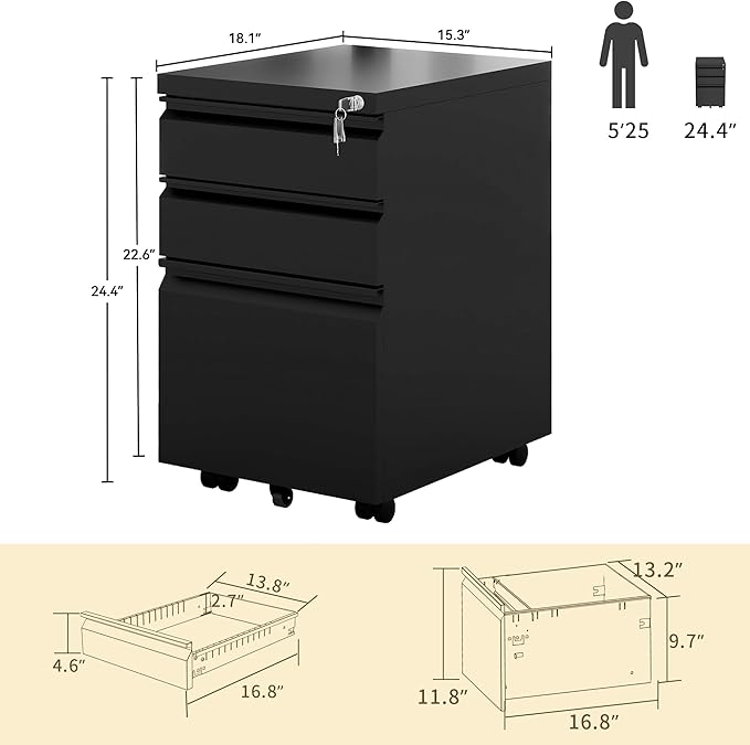 DWVO 3-Drawer Mobile File Cabinet, Pre-Assembled Metal Filing Cabinet for Legal/Letter Size, Lockable Office Storage with 6 Casters, Black