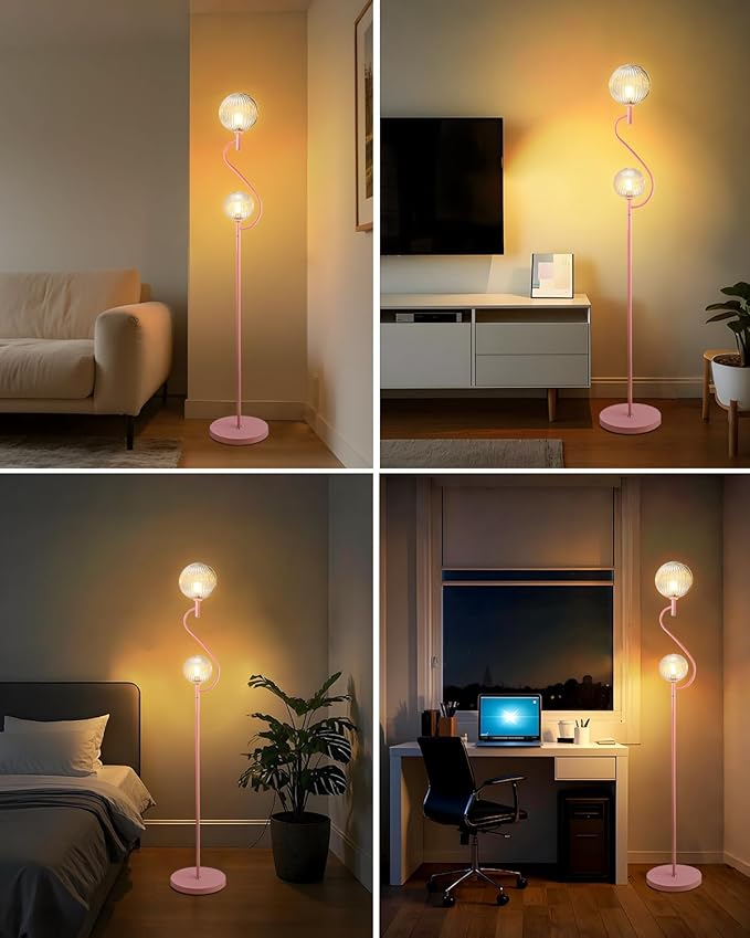 Lightdot Pink Floor Lamp, Mid Century Tall Standing Lamps with Globe Clear Glass Shade Soft Warm White Bulbs Included, Modern Unique Floor Lamp for Living Room/Bedroom/Sofa Beside/Corner Decor