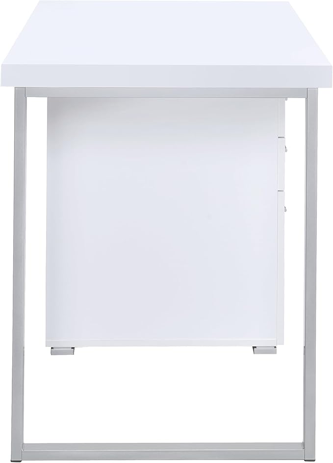 Coaster Home Furnishings Brennan Modern Contemporary Home Office 3-Drawer Writing Desk with Drawers Computer Desk Study Table File Cabinet Storage Silver Metal Frame White 800325