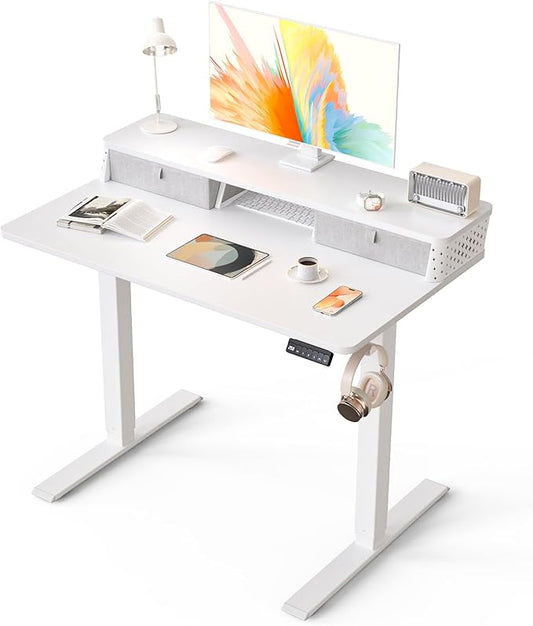 Kingant 40 x 24 Inch Small Electric Standing Desk with Dual Drawers, Height Adjustable Sit to Stand Computer Desk with Storage Shelf and C-Clamp Mount Compatibility for Home Office, White