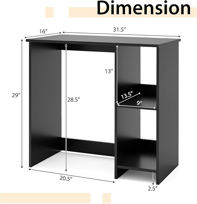 Tangkula Small Desk with Shelves, Compact Desk for Small Space, Study Writing Table with 2 Tier Shelves, Modern Simple Style Laptop PC Table (Black)