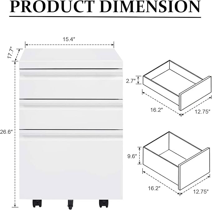 3-Drawer Mobile File Cabinets, Rolling Metal Vertical Filing Cabinet for Legal & Letter File Anti-tilt Design with Lock Fully Assembled Except Wheel, White