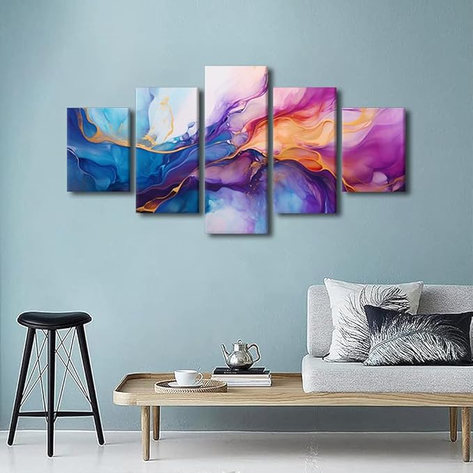 Abstract Canvas Wall Art Modern Living Room Decor for Men Creative and Color Mix Poster Prints on Canvas 5 Panel Office Wall Decor for Lady Bedroom Decoration Stretched Ready to Hang 60x32 in