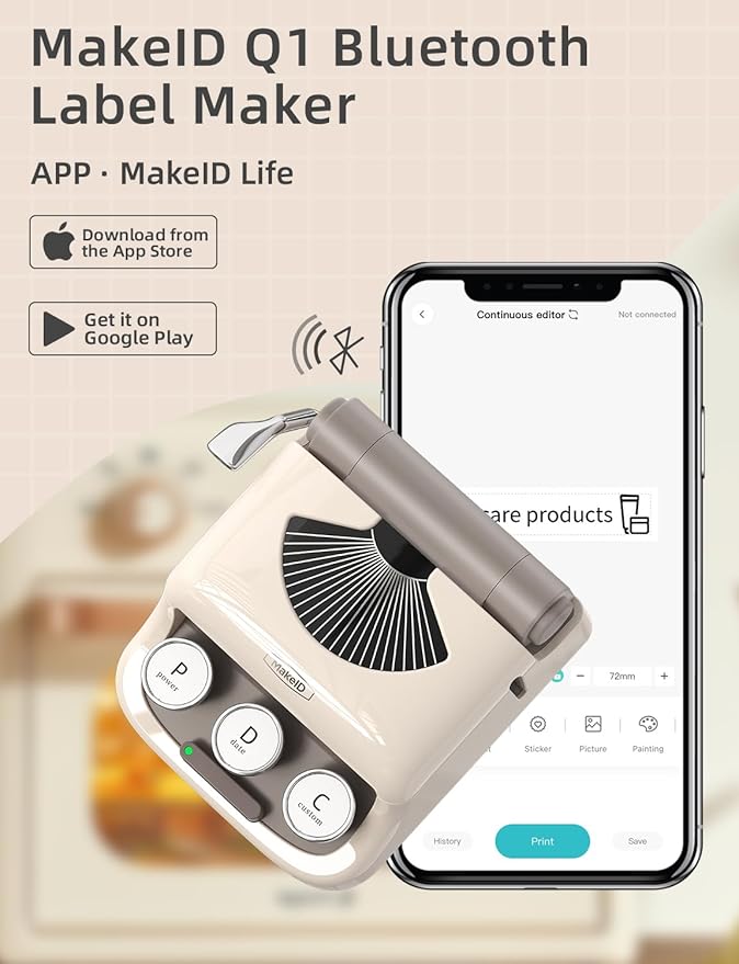 MakeID Q1 Label Maker Machine with 3 Tapes - Portable Bluetooth Label Makers for Home & Office Organization - Compatible with Apple iOS & Android - Clear Prints, Custom Templates & Fonts, Retro Design