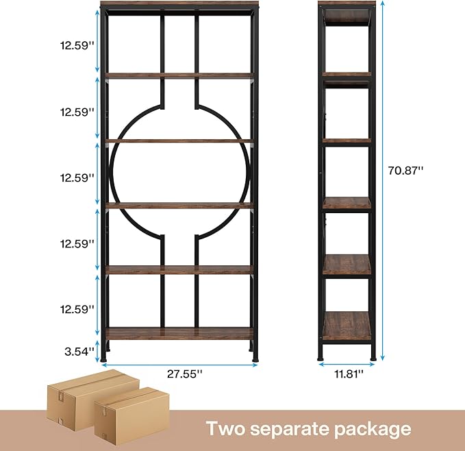 Tribesigns 70.9 Inch Industrial Bookshelf, 6-Tier Tall Etagere Bookcase with Open Shelves, Metal Decorative Book Shelf Storage Shelving Unit for Living Room and Home Office, Rustic Brown 2PCS