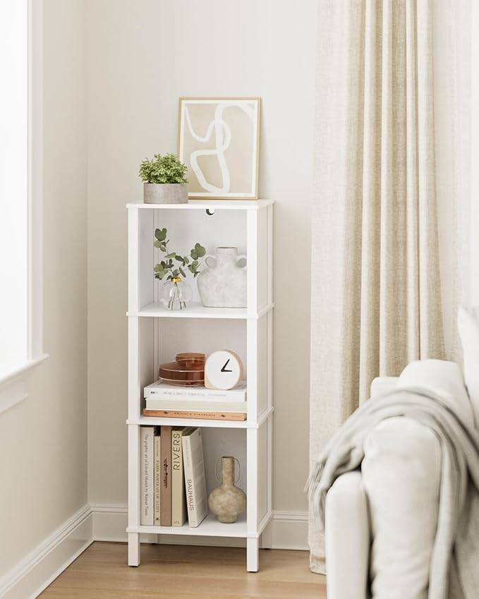 Bookshelf, Modern 3-Tier Bookcase, Open Storage Book Shelf, 11 × 14.2 × 38.9 Inches, Small Narrow Bookshelves for Living Room, Home Office, Bedroom, White