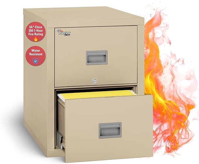 FireKing Patriot 2P1831-CPA Insulated UL Class 350 one-Hour Fire Rated Vertical Filing Cabinet with 2 Drawers, Deep Letter Size, 31-9/16" Length x 17-3/4" Width x 27-3/4" Height, Parchment