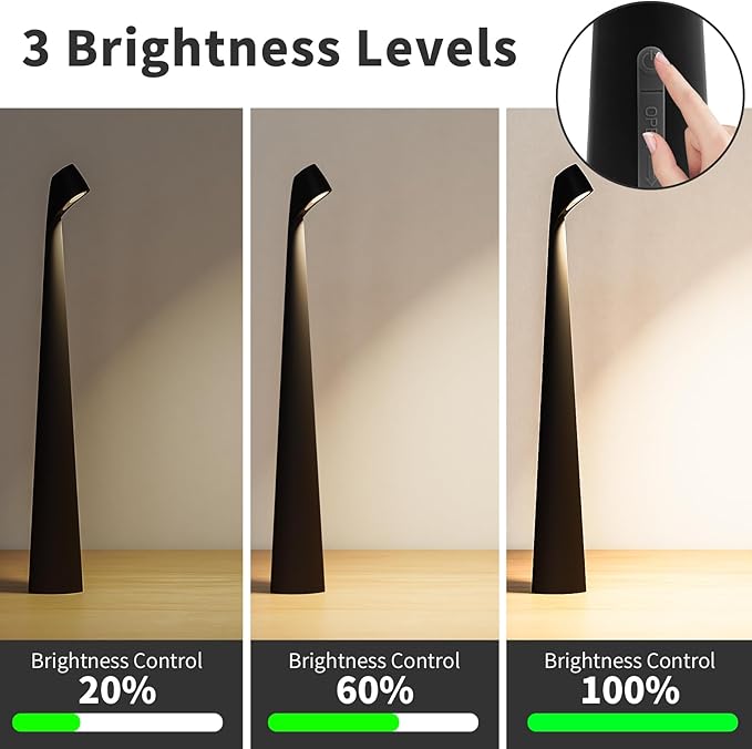 Portable Cordless LED Desk Lamp,Rechargeable Wireless Table Lamp, 3-Level Brightness, Patio Table Lamp, Bedside Night Light, Dining Room Ambient Light, Reading Light (Black)