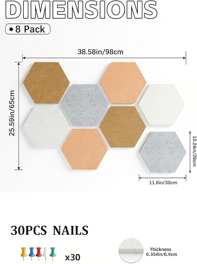 8 Pack Hexagon Felt Bulletin Board Tiles - 11.8" Large Thick Pin Board for Walls with 30 Push Pins, DIY Boards for Office Home School Decor, Aesthetic Hex Cork Board Alternative