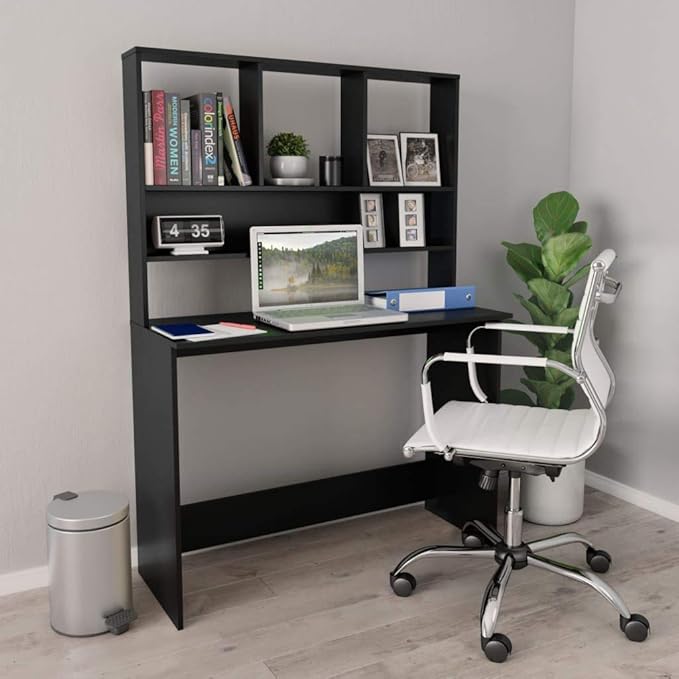 Modern Computer Desk Writing Study Table with Upper Cabinet, Home Office Student Table Laptop PC Writing Desk Home Office Writing Desk, Black 43.3"x17.7"x61.8"