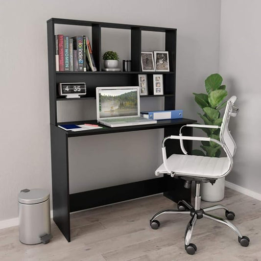 Modern Computer Desk Writing Study Table with Upper Cabinet, Home Office Student Table Laptop PC Writing Desk Home Office Writing Desk, Black 43.3"x17.7"x61.8"