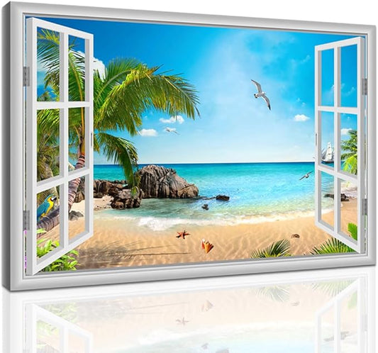 Large Beach Pictures Wall Art Canvas Print Artwork Blue Ocean Palm Tree Seascape Decor Living Room Bedroom Office with Framed 32 x48