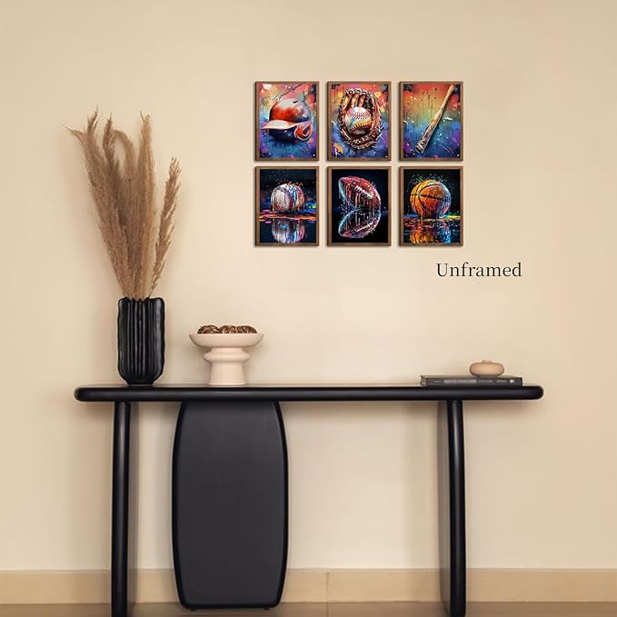 Basketball Baseball Sports Canvas Wall Art Set of 6, Vintage Graffiti Cool Posters Prints, Baseball bat American Football Wall Decor for Man Cave Dorm office Game Room Home Decor Gifts 8x10In Unframed