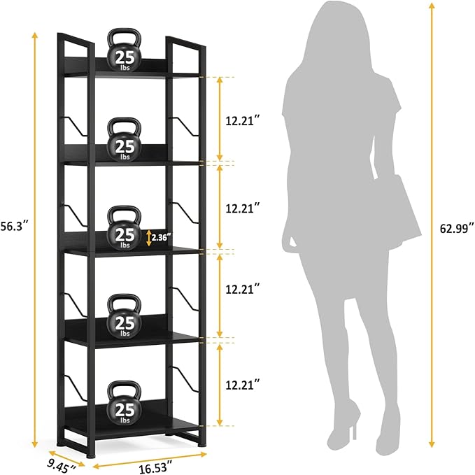 Hosfais 5 Tier Tall Bookshelf: Industrial Wood Book Shelf with Edge Protection Metal Narrow Bookshelf Bookcase Storage Organizer Display Rack for Living Room Home Office (Black)
