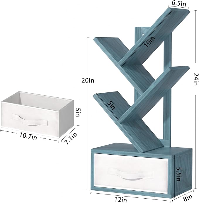 Small Book Shelf with Drawer,4 Tier Black Tree Bookshelf,Blue Desktop Bookcase,Modern Desk Display Storage Bookshelves,Floor Standing Organizer Bookcases for Living Room,Bedroom,Office