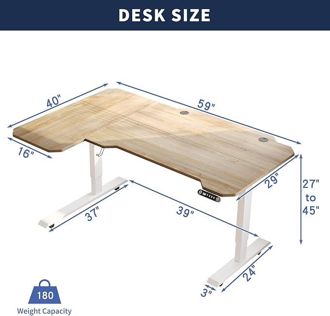 Ergonomic Electric Standing Desk 59 Inch, Height Adjustable Sit Stand Desk with Memory Keypad and Large Work Surface