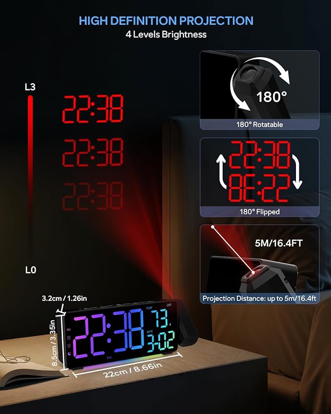 Projection Alarm Clocks, RGB Desk Clock with 180° Rotatable Projector 15 Color Display, Date Temperature and Weekday, DST, Snooze, Ambient Lighting for Living Room,Bedroom Bedside Office Decor