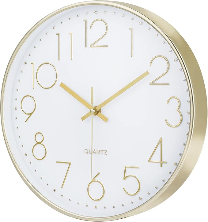Lafocuse Silent 12 Inch 3D Numbers Gold Wall Clock for Living Room Home Decor, Battery Operated Gold Clock Wall Décor Analog for Kitchen Bedroom Office