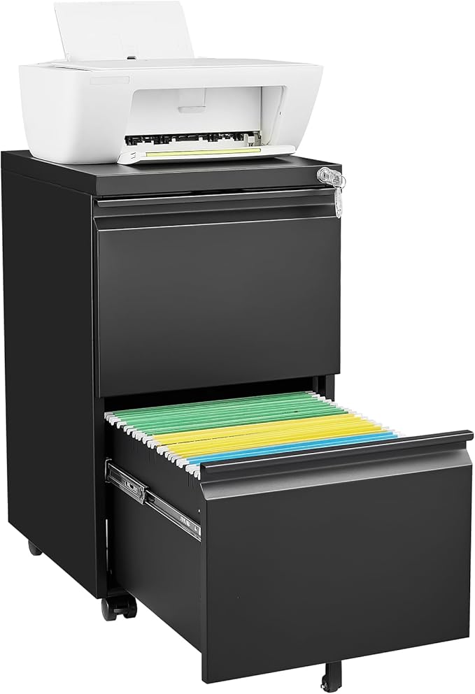 [Fully Assembled] 2 Drawer Lockable Metal File Cabinet on Wheels, Mobile Under Desk Filing Cabinet with Printer Stand, Home Office Storage Cabinet (Black, 2 Drawer)