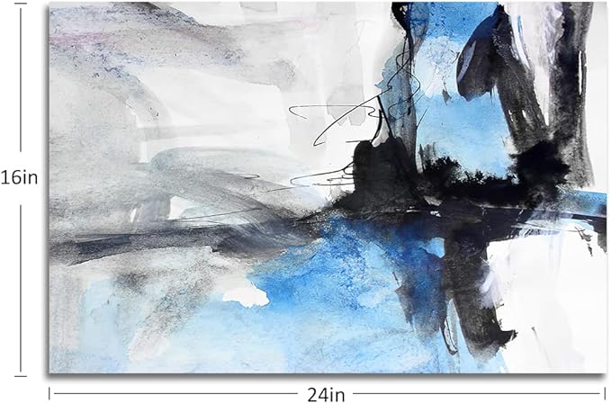 Large Abstract Canvas Wall Art Modern Aquarelle Art Paintings Black and Blue Fantasy Colorful Graffiti on White Background Minimalist Artwork Decor for Living Room Bedroom Corridor Framed 24x16in