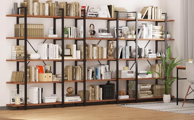 BATHWA Wood and Metal Minimalist 5 Tier Bookshelf, Large Tall Open Rustic Wide Bookcase Industrial Style, Modern Wooden Big Book Shelf for Home Living Room Bedroom Office Storage, Rustic Brown