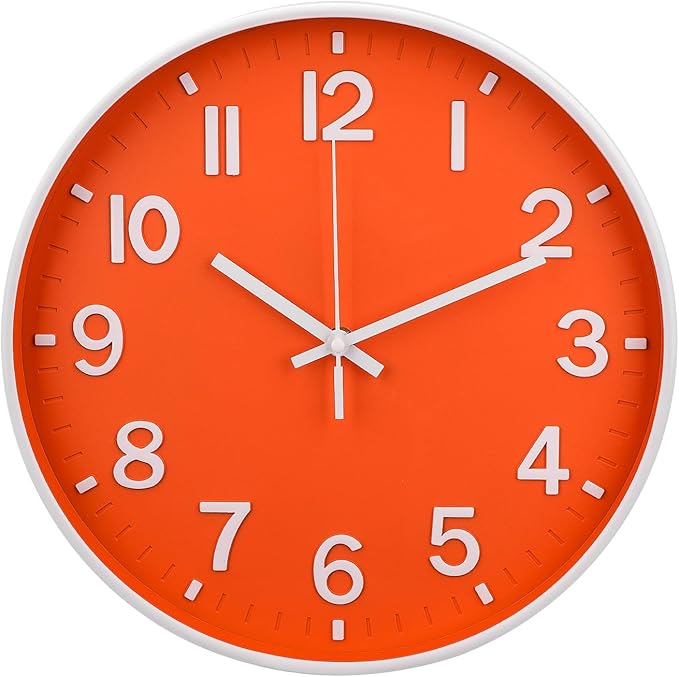 Wall Clock 12 Inch Orange Modern Simple Quartz Decorative Clock Non-Ticking Silent Battery Operated Round Wall Clocks Trendy and Practical Best Gift for Living Room Bedroom Kitchen Office